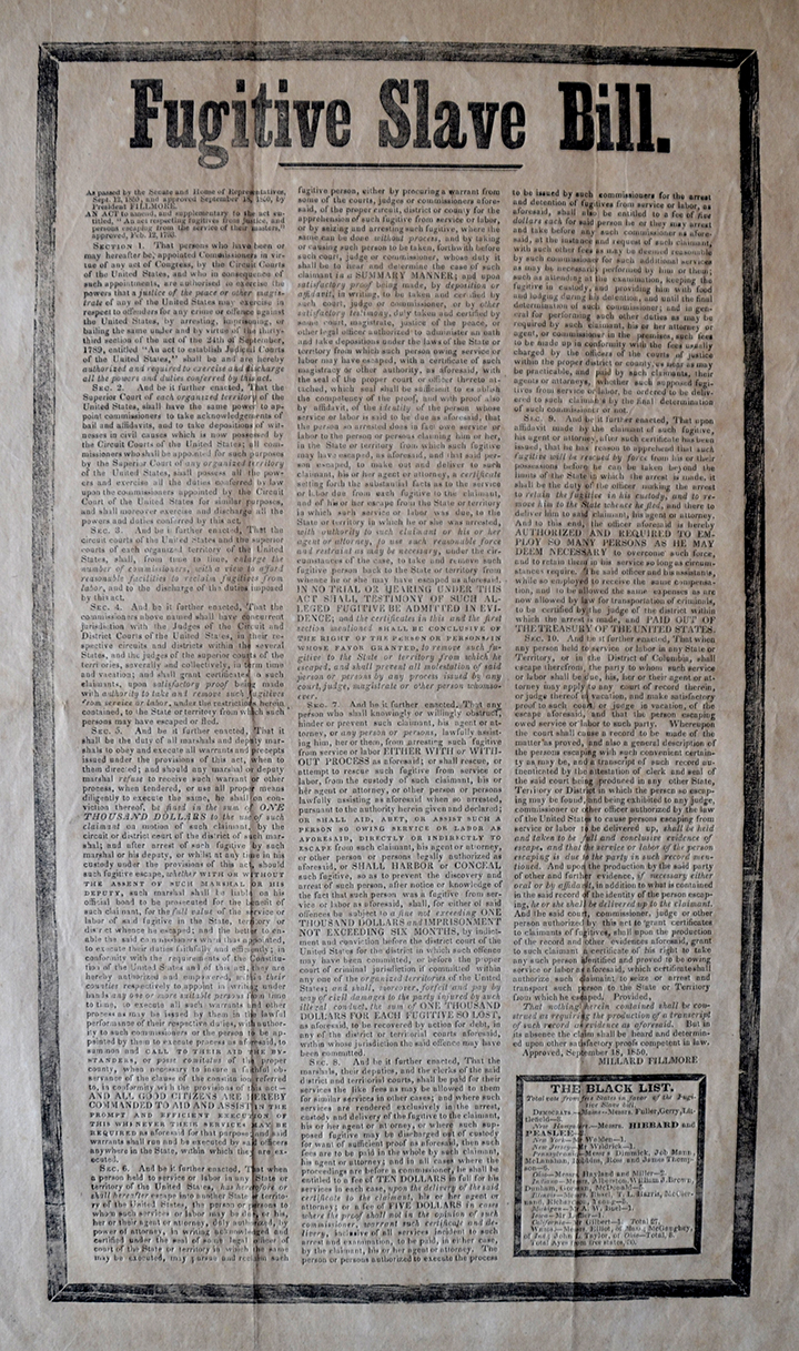 An old, yellowed, creased sheet of long paper with "Fugitive Slave Bill" printed at the top, and three long columns of text beneath