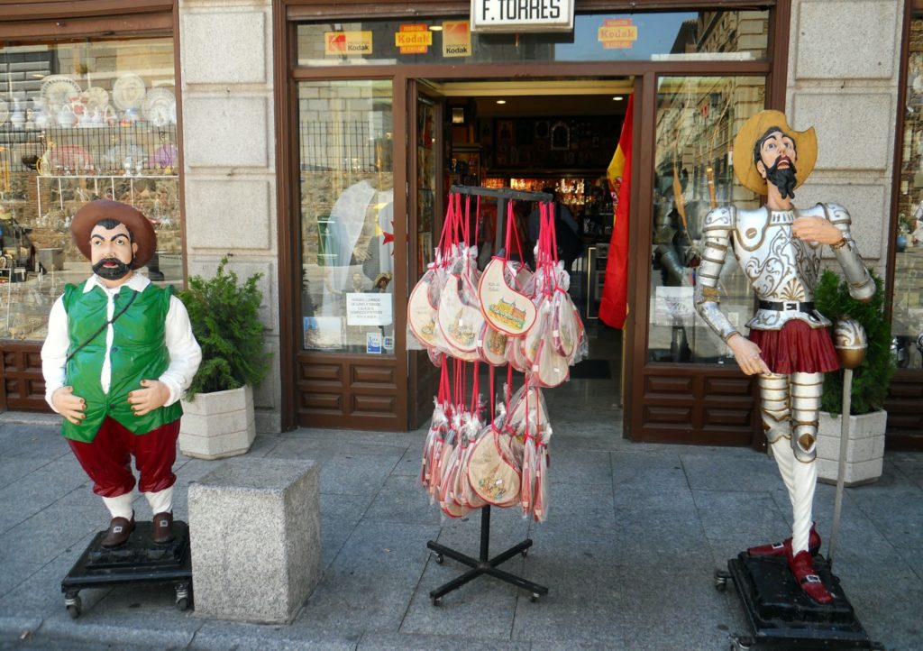 Figures of Don Quixote and Sancho Panza outside the gift shop at the Hotel Alfonso VI, Toledo