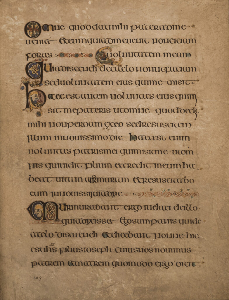 The Book of Kells, Ireland, ca. 800 AD, featuring “insular majuscule” script, a type of Uncial script. Courtesy of Trinity College Dublin. 